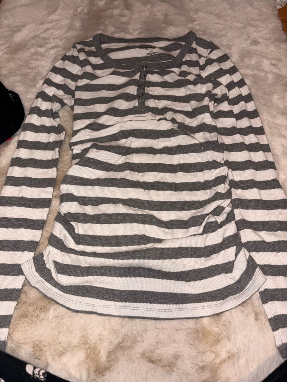 Liz Lange Maternity Striped Waffle Knit Henley in Gray and White